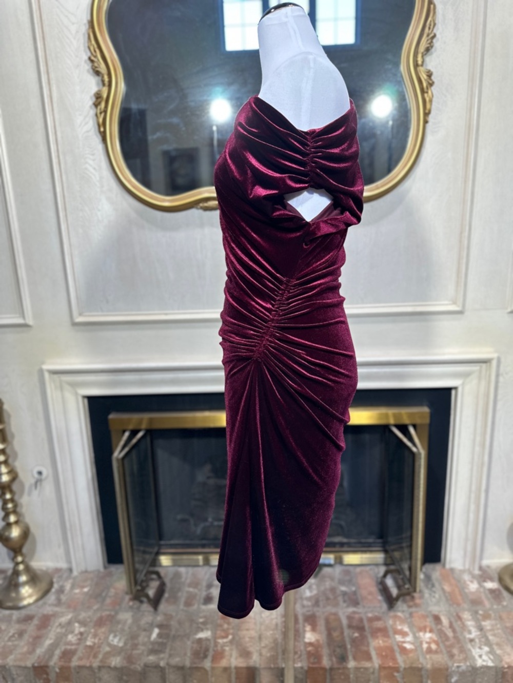 Premier Amour Dress 8 Burgundy Velvet One Shoulder Ruched Stretch Glamour - Picture 3 of 10